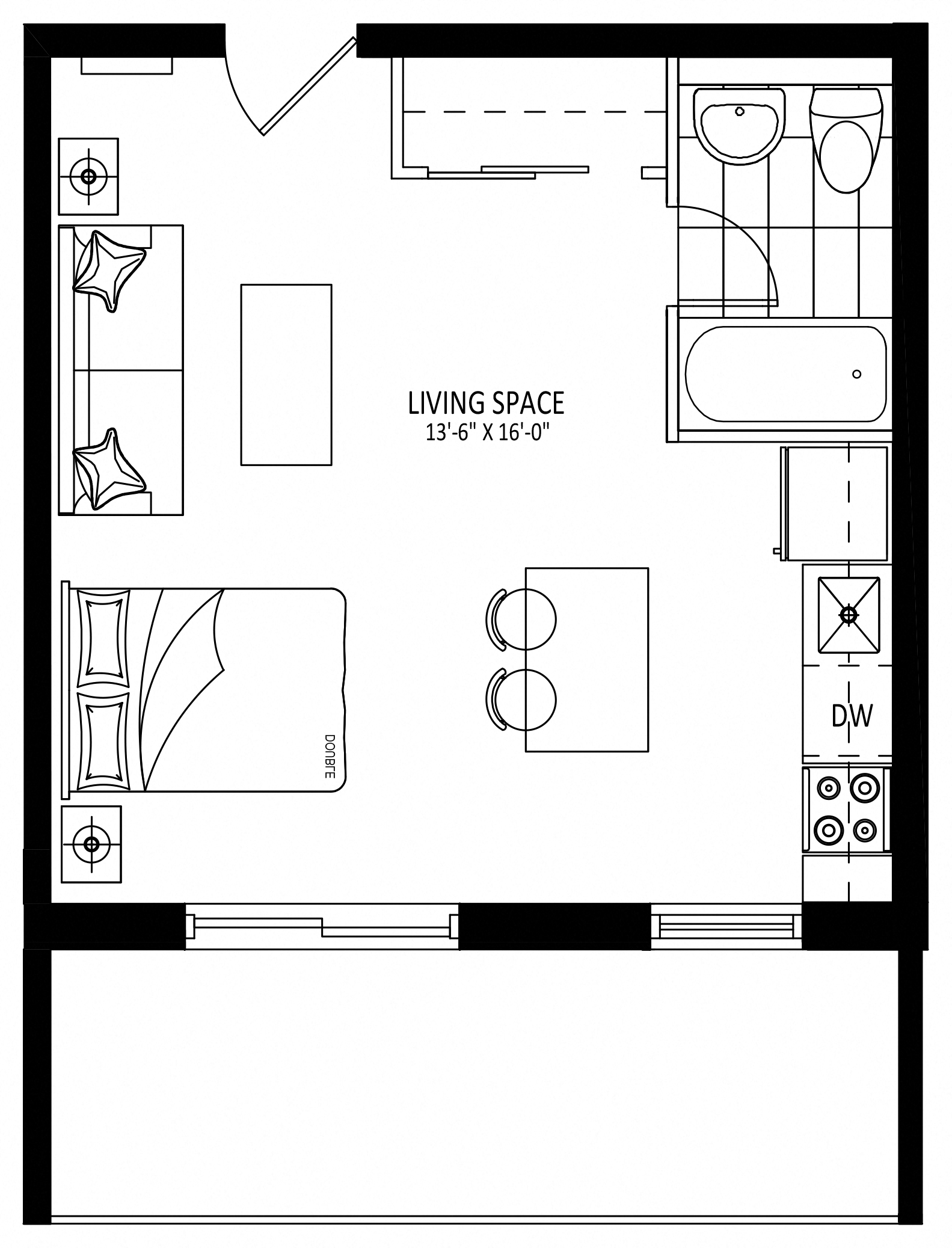 Floor plan for studio, 1 bath, 380 sqft
